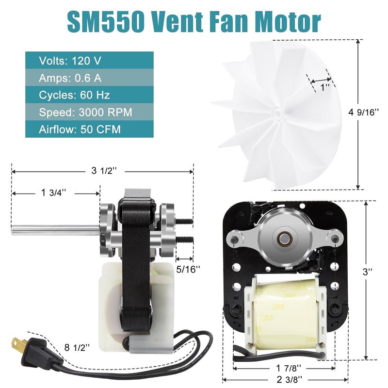 Criditpid Universal Bathroom Vent Fan Motor, SM550 Electric Motor Kit for Nutone Broan Bathroom Exhaust Fan Replace C01575, 65100, EM550, EM750, VFM100, E498-1, 82423K, K111, C65878, 50CFM, 2-Pack - Image 2